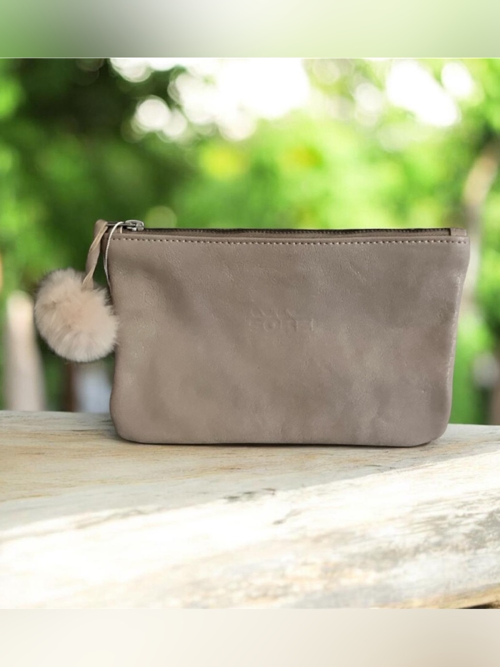 NWOT SOREL Beige Leather Clutch with Faux Fur Pom Pom
